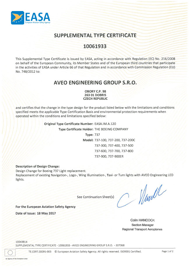 Aveo Engineering Group achieves EASA SUPPLEMENTAL TYPE CERTIFICATE for