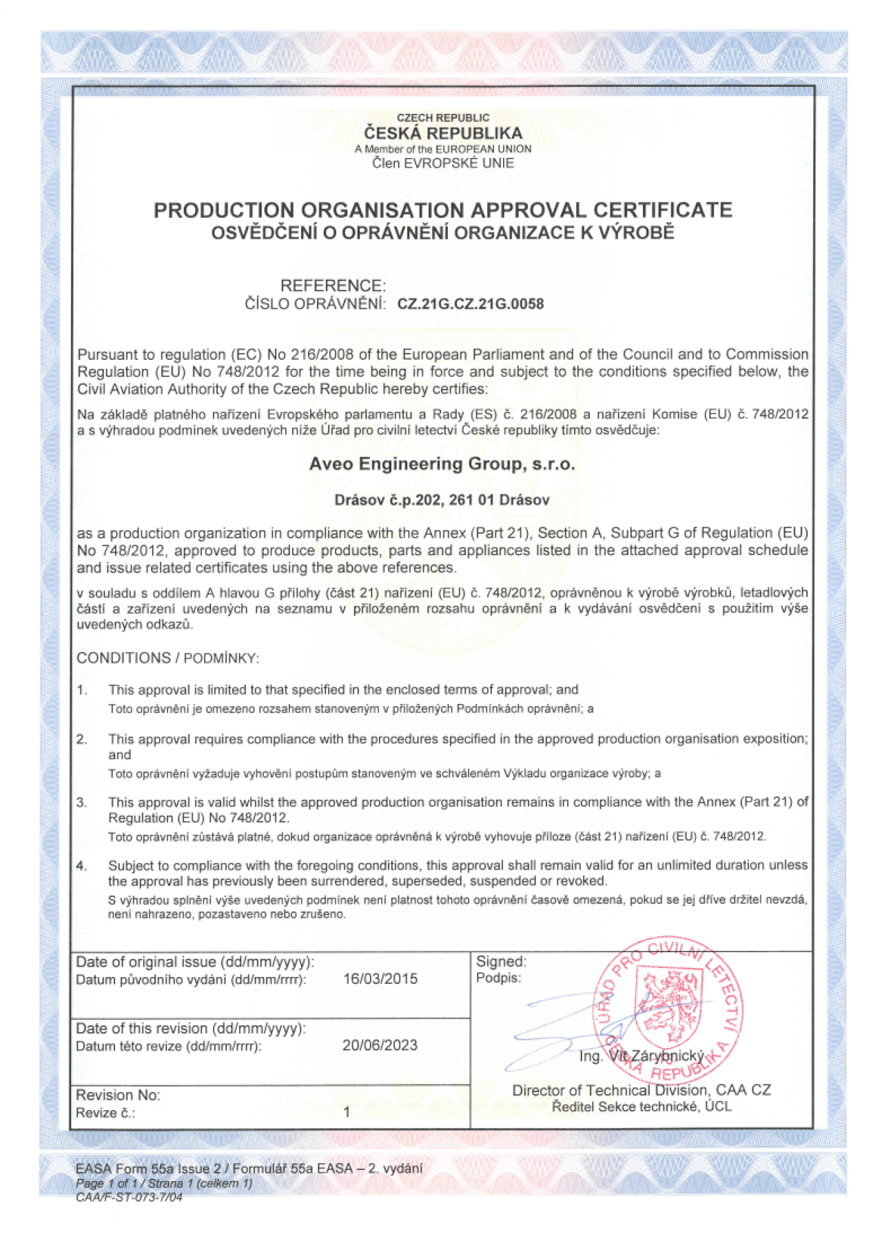 PRODUCTION ORGANISATION APPROVAL CERTIFICATE